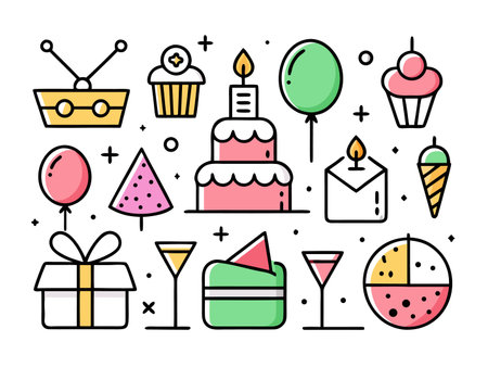 Festive assortment of party icons in a bright, cheerful flat vectorのイラスト素材
