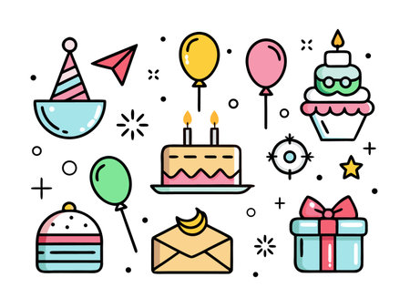 Celebratory icon set with party hat,cake,balloons gift,vector graphic styleのイラスト素材