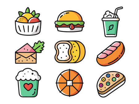 Assortment of colorful cartoon food icons on a clean white background.のイラスト素材