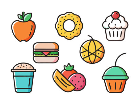 Colorful cartoon food icons showing an apple, donut, burger and cup dessert.のイラスト素材