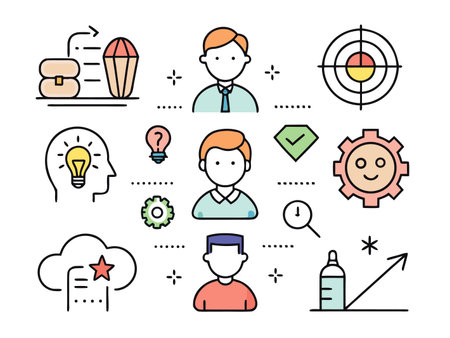 Various illustrations showcase business concepts in clean, modern styleのイラスト素材