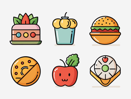 Stylized flat vector icons featuring sweets and junk food with simple outlines.のイラスト素材