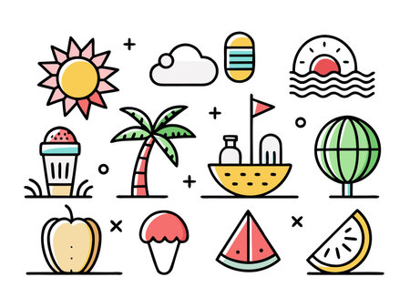 Summer icons bring a cheerful, bright, and fun mood with a tropical feeling.のイラスト素材
