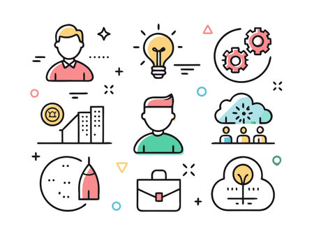 Conceptual business icons presented in a clean, minimal flat vector style.のイラスト素材