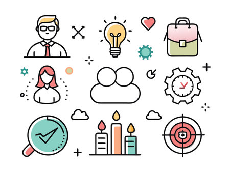 Business icons representing work team, goals, planning, success, and strategy.のイラスト素材