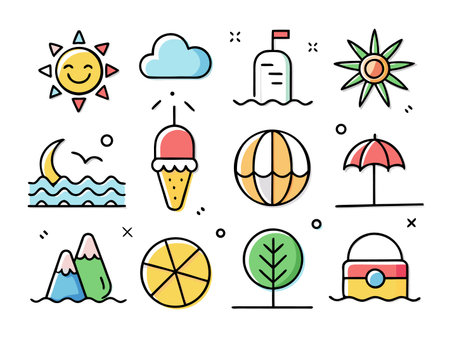 Colorful summer icon set featuring a smiling sun, ocean, and dessert treat.のイラスト素材