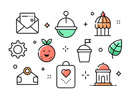 Outline style icons showcase diverse objects on a clean white background.のイラスト素材