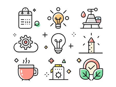 Nine icons in soft colours: calendar, lightbulbs, cogwheel, mug, device, tower.のイラスト素材