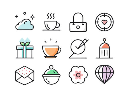 Stylized icon set of cloud, coffee, lock, target, gift, and other linear forms.のイラスト素材