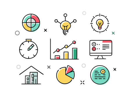 Illustration presents business metrics icons in vibrant flat design style.のイラスト素材