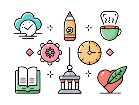 Colorful calendar icons arranged in a cheerful, organized manner against white.のイラスト素材