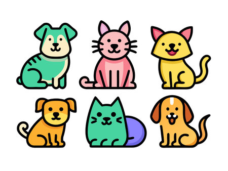 Stylized flat vector art displays playful, colorful cartoon dogs and cats.のイラスト素材