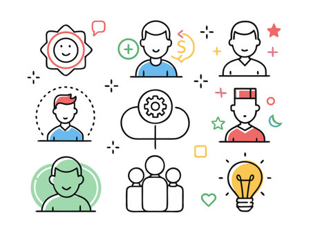 Assortment of ten diverse line icons representing various concept themes.のイラスト素材