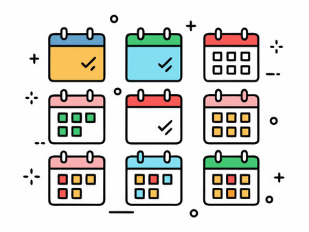 Nine calendar icons with different colorful page designs on a white layout.のイラスト素材