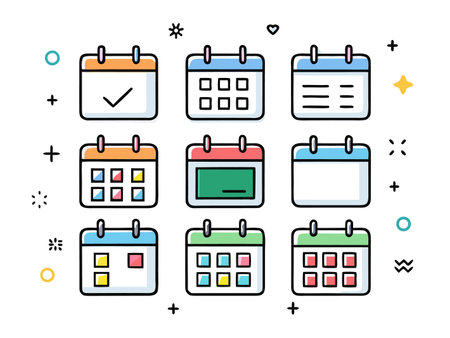 Nine colorful calendar icons are arranged to represent time management.のイラスト素材