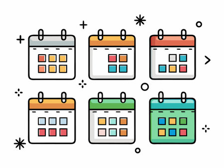 Colorful calendars in simple line art style are organized on a white background.のイラスト素材
