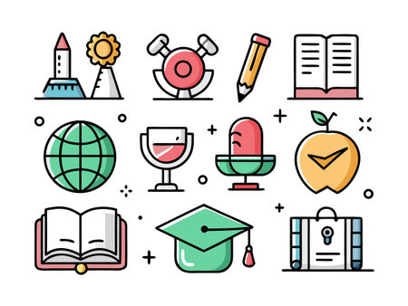 Colorful vector flat illustration with education icons on a white background.のイラスト素材