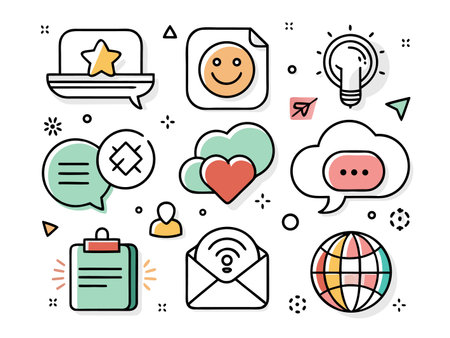 Various colorful conceptual icons featuring message clouds and a lightbulb.のイラスト素材
