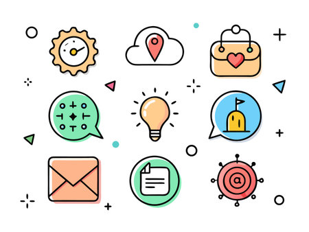 Collection of stylized icon illustrations against a bright white background.のイラスト素材