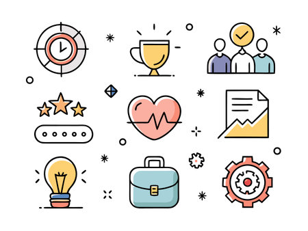 Playful flat illustration showcasing work, development, and educational iconsのイラスト素材