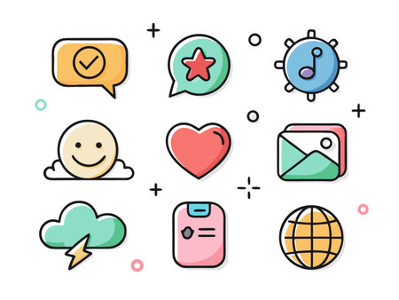 Collection of vibrant, outlined icons representing various digital concepts.のイラスト素材