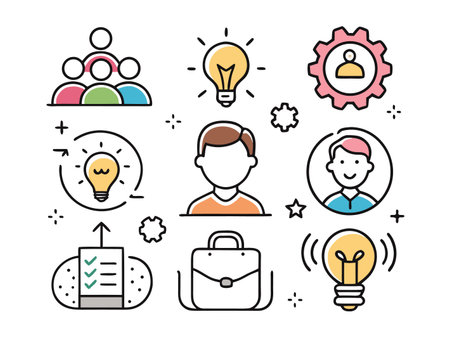 Various business and achievement related illustrations in doodle line style.のイラスト素材