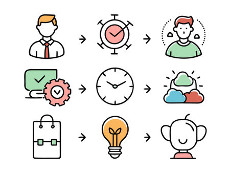 Collection of learning and business icons on a white background pattern design.のイラスト素材