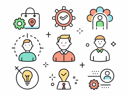 An array of business-themed icons in a colorful, flat design illustration.のイラスト素材