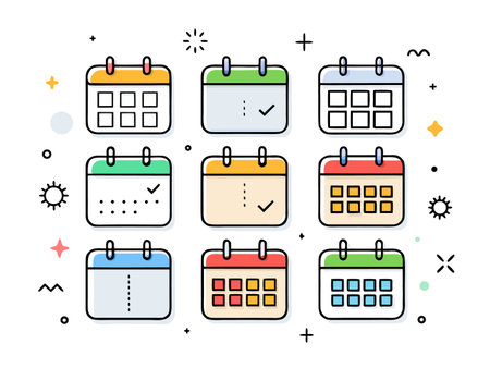 Stylized calendar icons showcase schedule planning and organizational tools hereのイラスト素材