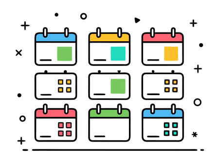Nine calendar icons with different designs are displayed in a graphic art style.のイラスト素材
