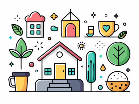 Colorful flat vector illustration of home and garden elements on white scene.のイラスト素材