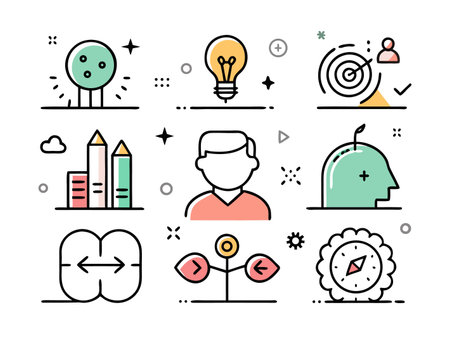 Conceptual line art icons presents idea generation and problem-solving process.のイラスト素材