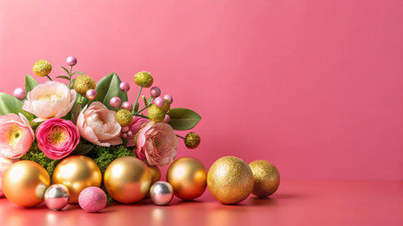 Pink background with pastel flowers and gold ornaments.の素材