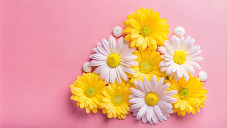 Yellow and white daisies on pink background.の素材