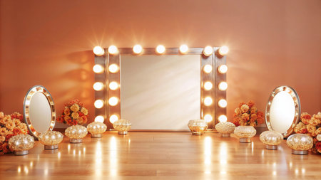 Elegant makeup vanity room with warm lighting and decorative mirrors.の素材