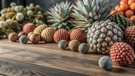 Colorful textured spheres and plants on wood.の素材