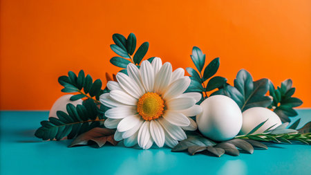 White eggs and daisy with green leaves on teal background.の素材