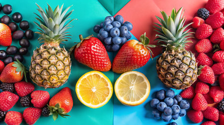 Colorful fruit arrangement with pineapples, strawberries, blueberries, raspberries, and a lemon.の素材