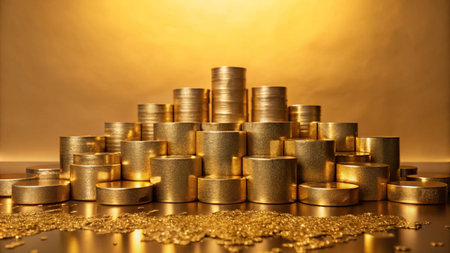 Golden cylinders stacked in a pyramid shape on a gold surface.の素材