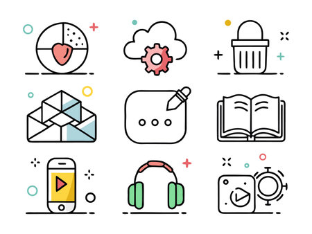 Collection of diverse line art icons representing various software functionsのイラスト素材