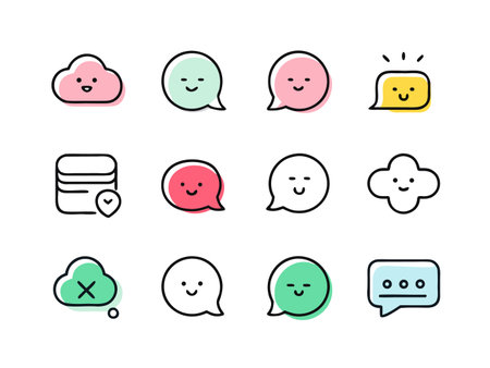 Colorful speech bubbles with smiley faces and text, icons on white background.のイラスト素材