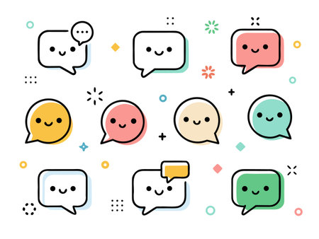 Collection of diverse chat bubble icons with various colorful and happy facesのイラスト素材