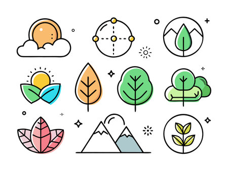 Various stylized nature icons represent trees, leaves, sun, and mountains.のイラスト素材