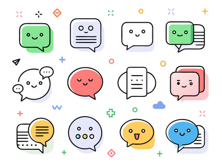 A collection of twelve expressive speech bubble icons with unique characters.のイラスト素材