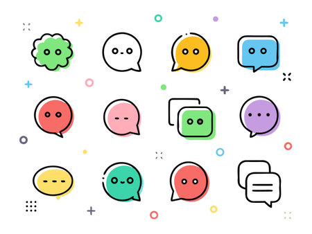 Assorted speech bubble icons in varied vibrant colors for digital interfacesのイラスト素材