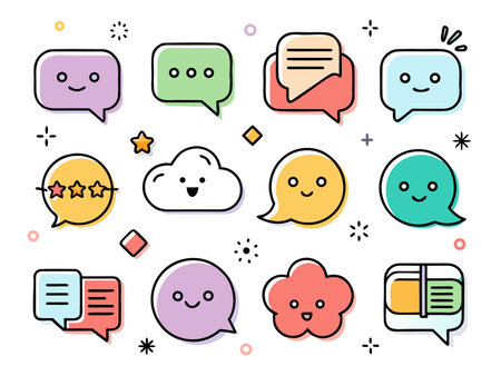 Playful cartoon speech bubble icons with cheerful expressions and bright colorsのイラスト素材