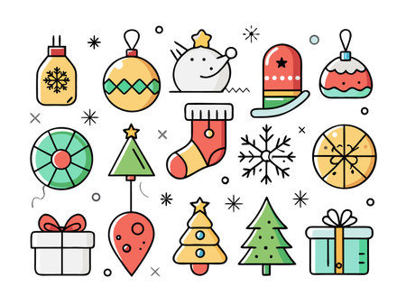 Festive holiday icons are arranged in a colorful seasonal celebration layout.のイラスト素材