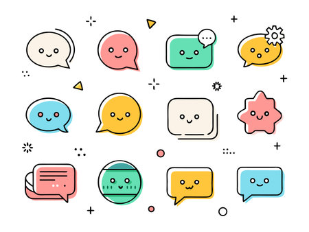 Collection of speech bubbles and geometric shapes creating a playful pattern.のイラスト素材