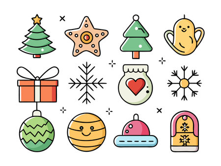 Vibrant cartoon illustration displaying cute houses, plants, and floral iconsのイラスト素材