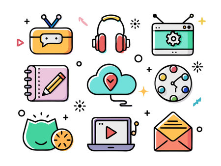 Nine speech bubbles of diverse colors and outline isolated on clean white hue.のイラスト素材